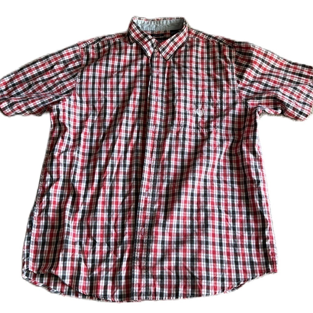 CHAPS easy care XL red black and white checked button down short sleeve shirt